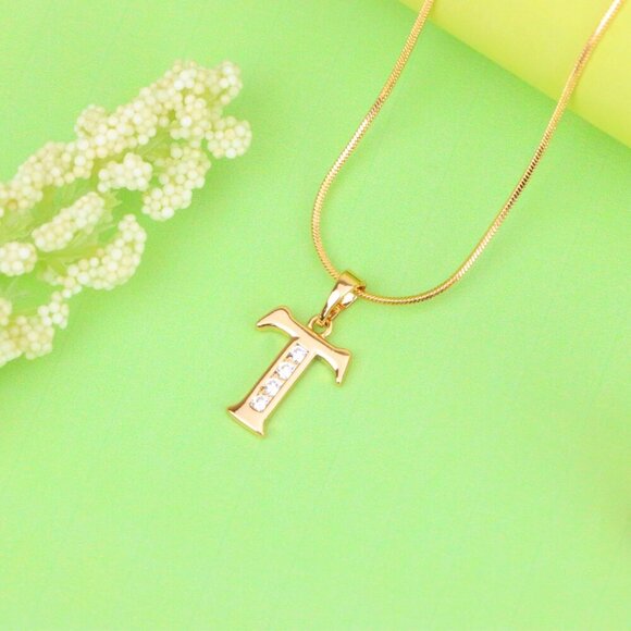 "Rose Gold Initial T Pendant with Crystals – Elegant Brass Jewelry, XPPT1369 - Picture 10 of 13